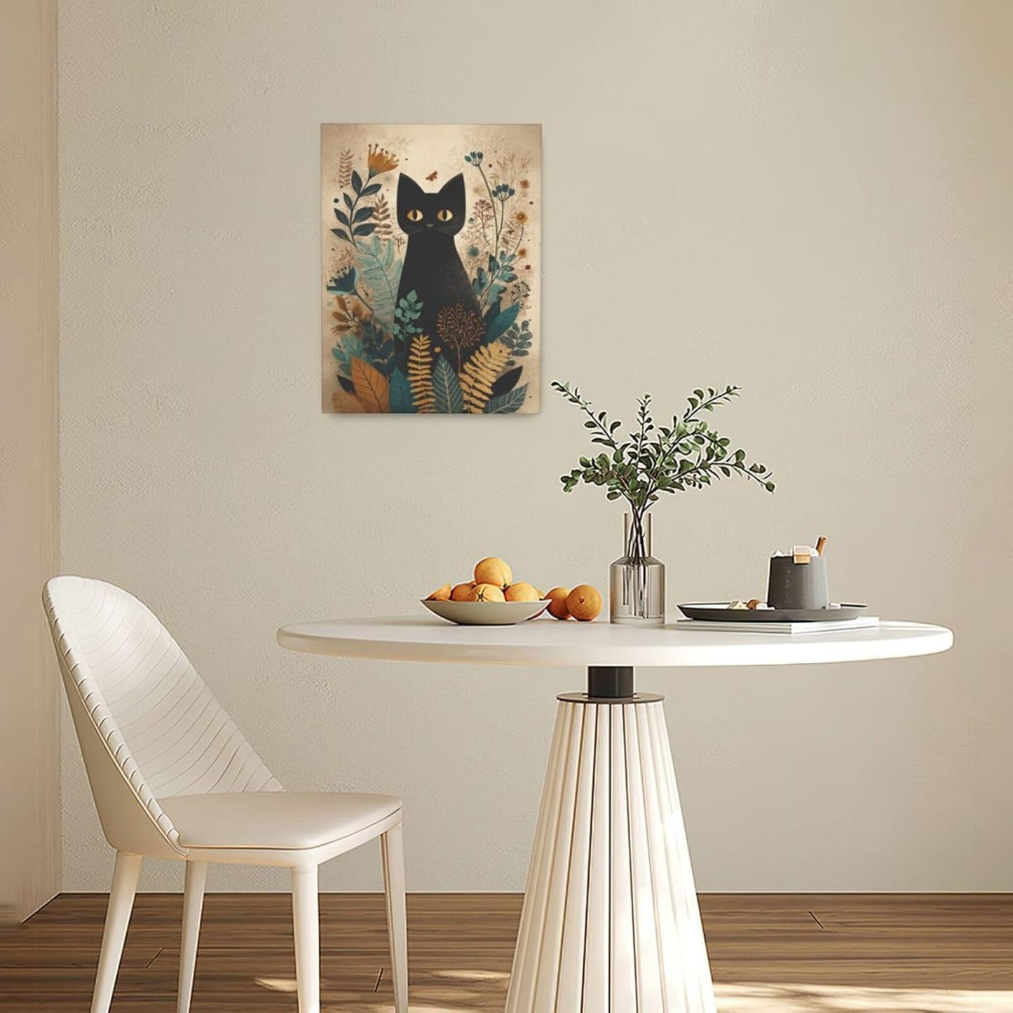 Boho Black Cat Wall Art Kitten Botanical Wall Decor Mid Century Modern Canvas Painting Print Minimalist Pictures Artwork Framed Decorations Gifts for Cat Lover Bathroom Nursery Living Room Bedroom Kitchen 12"x16"