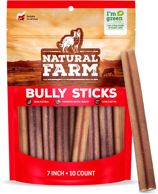 Natural Farm Odor Free Bully Sticks (7 Inch, 10 Pack), 100% Beef Pizzle Chews for Pups, Small and Medium Dogs - Fully Digestible & Best Natural Dental Treats to Keep Your Dog Busy & Happy