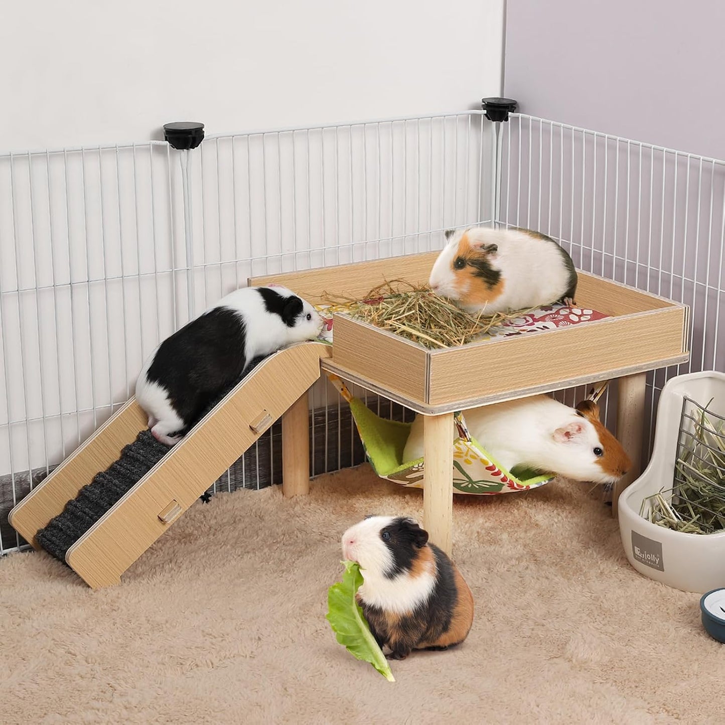 Guinea Pigs Hammock with Platform, Safe Wooden Guinea Pig Hideout with Stairs, Durable Small Pet Bed for Piggies Chinchilla Rat Hamster Bunny (Single Hammock)