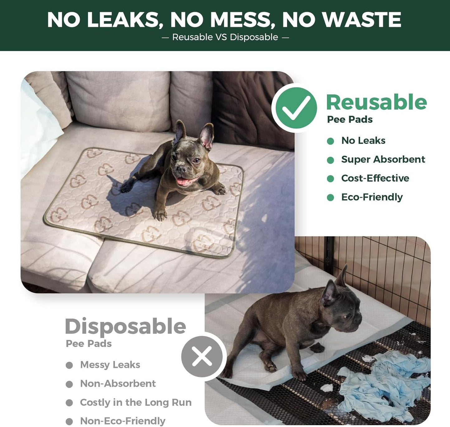 FXW Washable Pee Pads for Dogs, Puppy Pads with Super Absorbent, Specifically Designed for 24inch Cages, 23" × 17" Rectangle, Khaki, 1 Pack