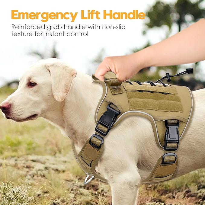 Heavy-Duty Tactical Dog Harness for Large Dogs, No Pull Adjustable Reflective Pet Vest with Molle System, K9 Military-Grade Control for Service Training, Outdoor & 10+ Breeds, Khaki, XX-Large