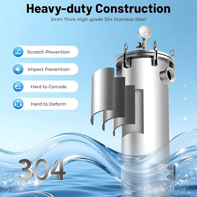 #2 304 Stainless Steel Bag Filter Housing w/Mesh, 2" NPT Inlet/Outlet, 150 PSI High Pressure Bag Water Filter Purification Equipment Industrial Filtration System