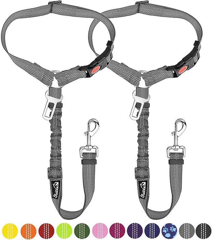 SlowTon Dog Seat Belt for Car, 2 Pack Dog Car Harness Seatbelt Adjustable with Elastic Bungee Buffer, 2 in 1 Pet Car Leash Headrest Restraint Dog Reflective Safety Tether (Grey, Headrest+Clip)