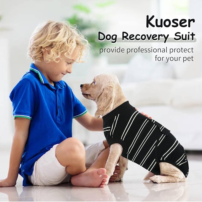 Kuoser Dog Surgery Recovery Suit for Female Male Dogs, Stripes Spay Neuter Anti-Licking Dog Onesie, Surgical Suit Snugly Pet Post Surgery Vest Bodysuit for Abdominal Wounds Skin Disease, Black XS