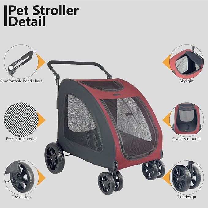Extra Large Dog Stroller for Medium & Large Pets - Foldable Design, Adjustable Handle, Up to 130 lbs(Red)