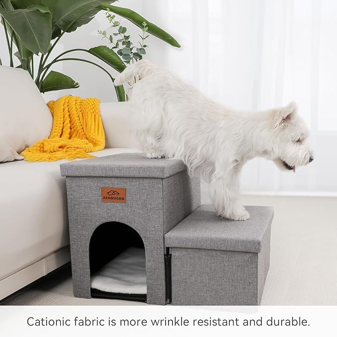 Dog Stairs 15" H, 2-Step Wider Dog Steps for Small/Medium/Large Old Dogs Cats, Folding Sturdy Storage Pet Stairs Climbing Bed Couch, Dog Ramp for Car Hold Up to 150 lbs(Gray, with Condo)