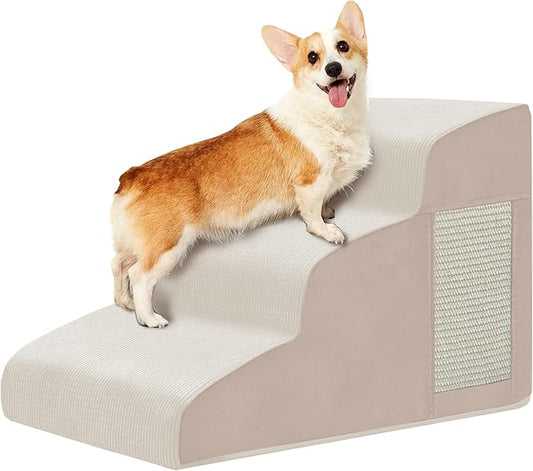 Pet Stairs for Small Dogs - 3-Step Curved Dog Ramp for Bed, Couch, Sofa, Car and Chairs - Non-Slip Bottom Design - Cat Scratching Board - High Density Foam Portable Pet Step - Beige