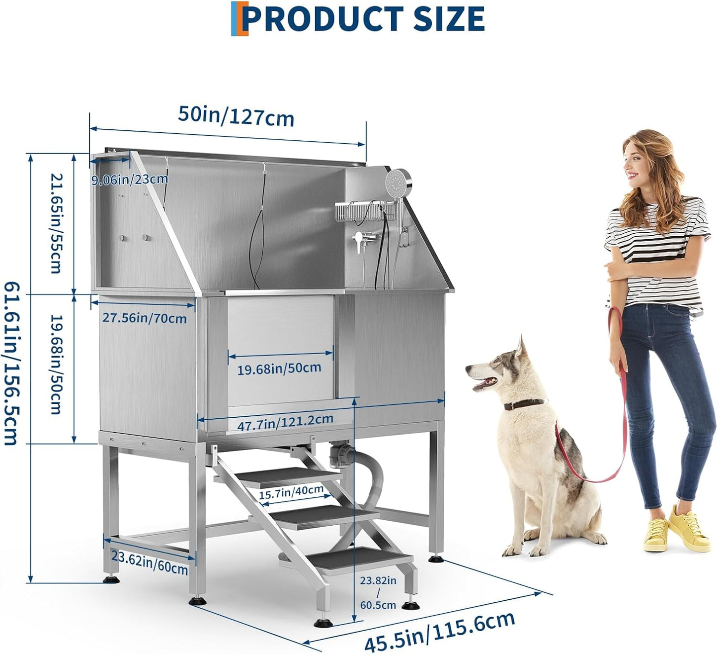 50" Stainless Steel Professional Dog Washing Station - Pet Bathing Tub w/Non-Slip Stairs | Slip-Resistant Floor Grate | for Large/Medium/Small Dogs