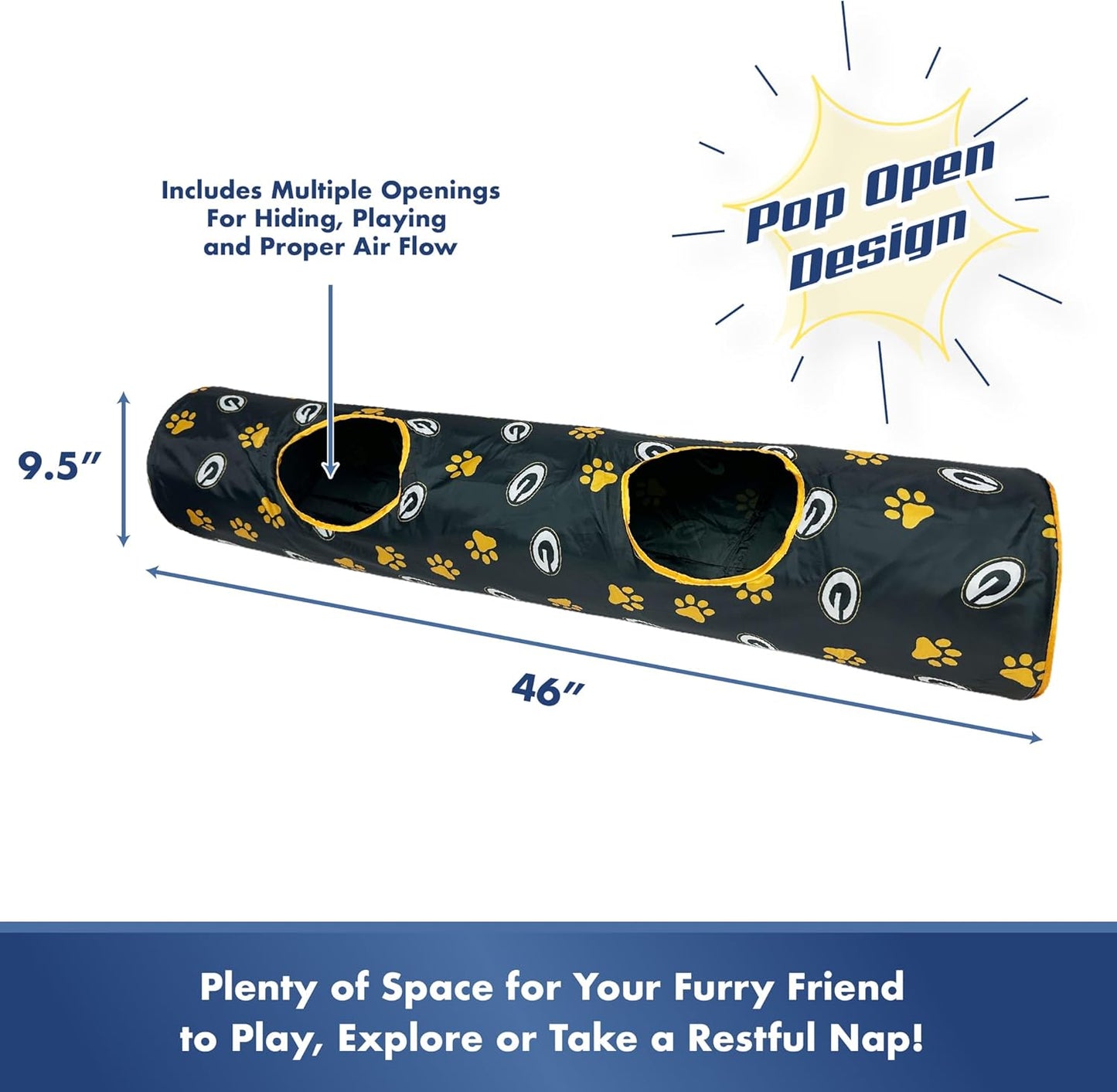 NFL Green Bay Packers Cat Tunnel Tube Toy with Plush Football Catnip and Feathers Collapsible Tunnel for Cats to Play, Peek and Hide, Sporty & Fun Cat Tunnel Toy with Team Logo All-Over Design!