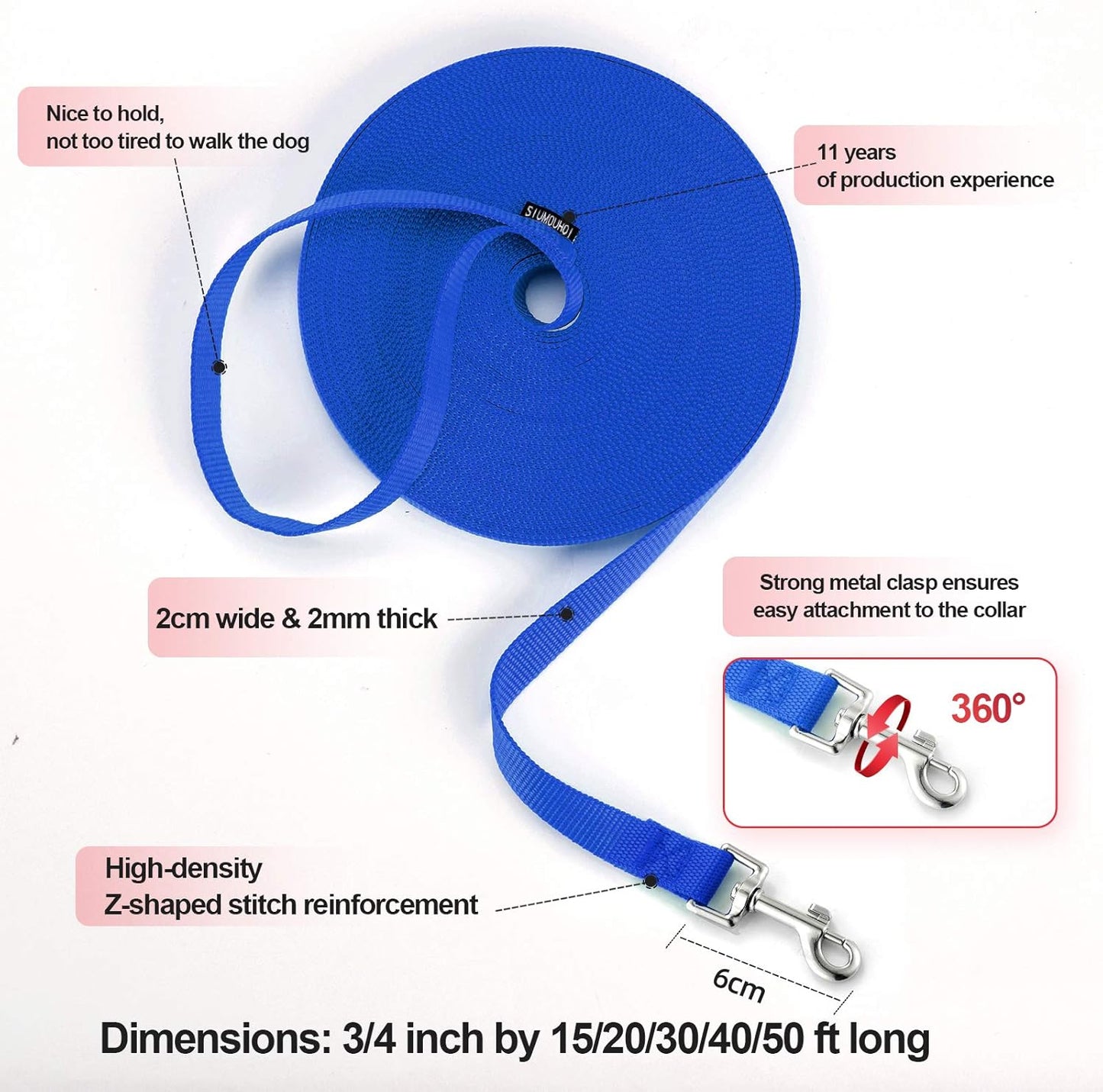 Dog/Puppy Obedience Recall Training Agility Lead - 30ft Long Training Leash，3/4in Wide - Great for Play, Camping, or Backyard（Blue，30 Feet