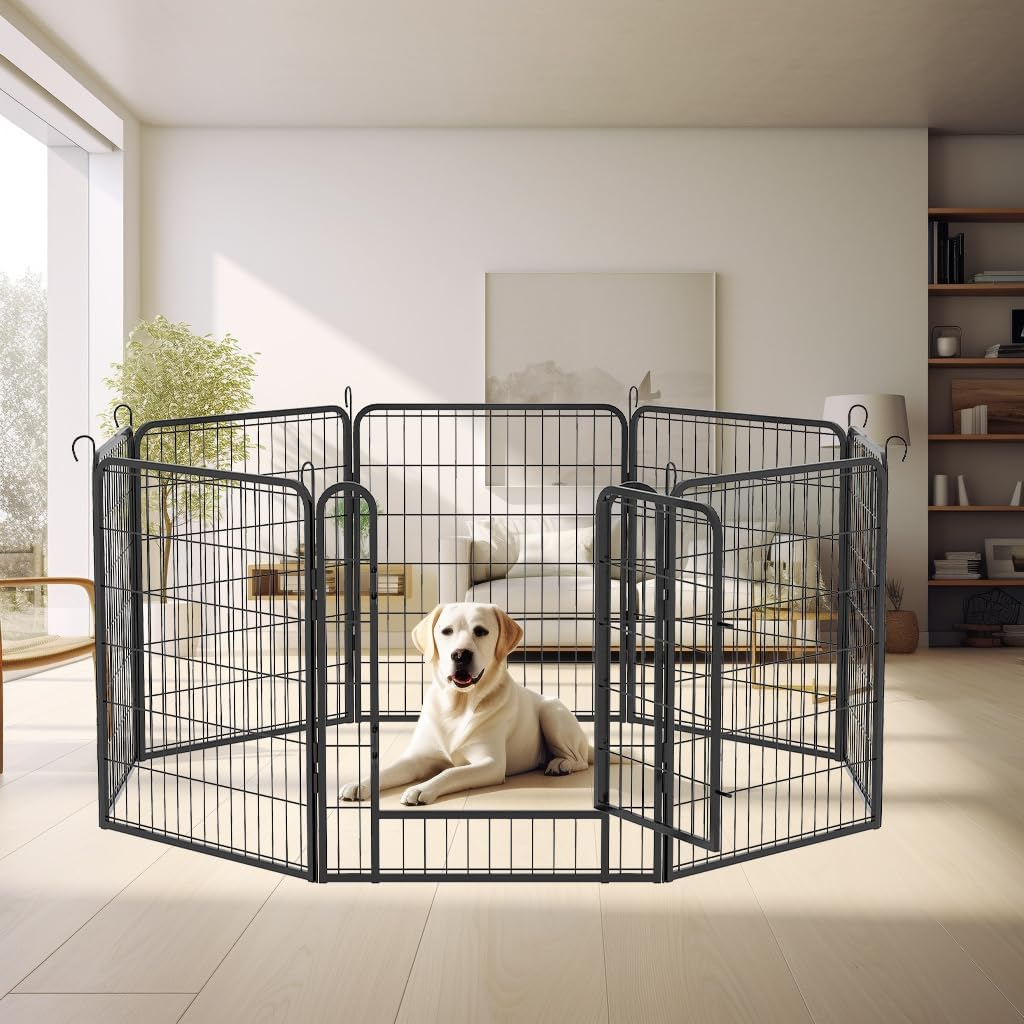 Dog Playpen, Outdoor Dog Fence, 8 Panels, 32" H Dog Pen for Medium/Small Dogs, Heavy Duty Metal Pet Fence with Gate, Portable Dog Fence for RV Camping and Yard (Black)