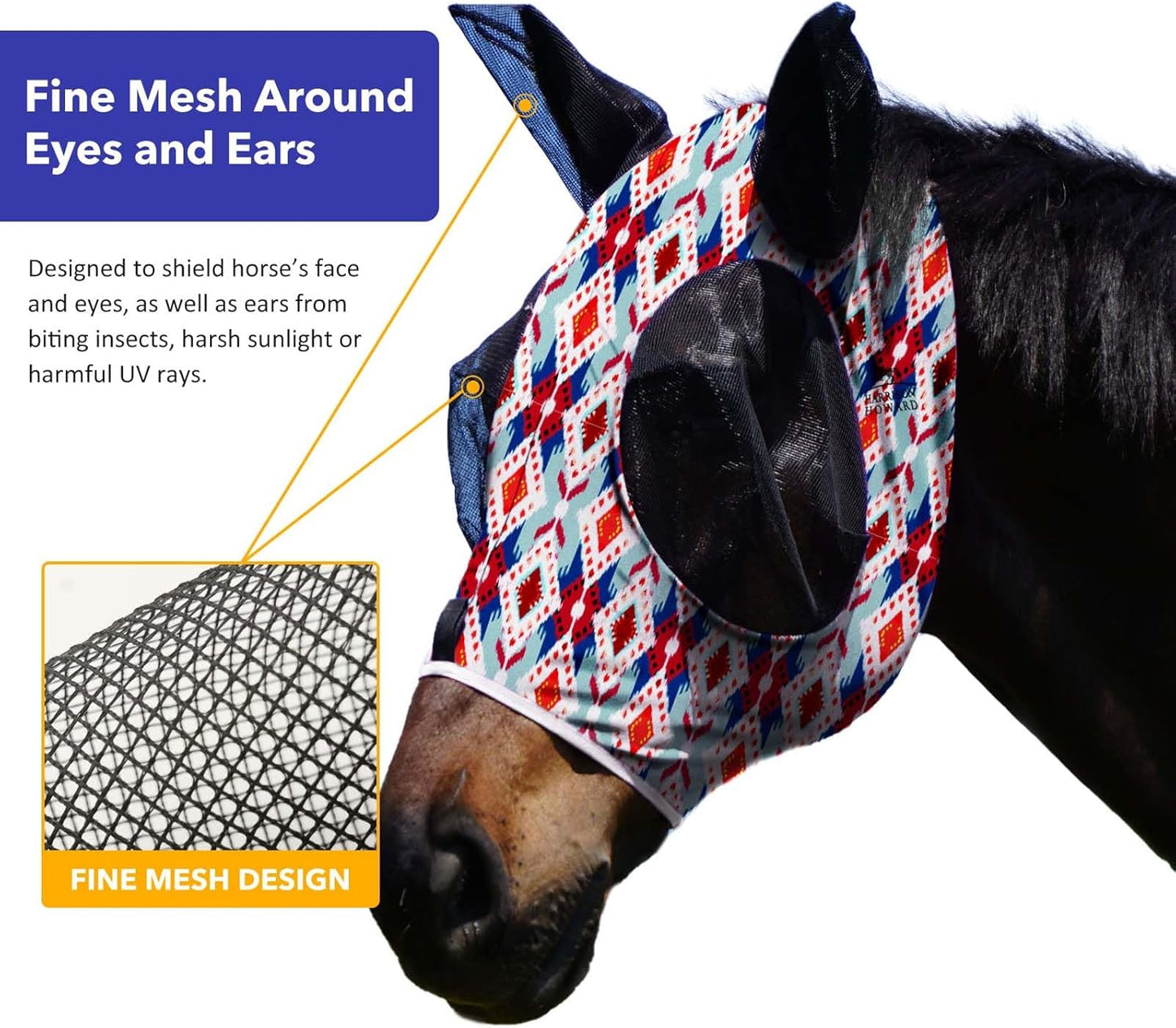 Harrison Howard Super Comfort Stretchy Fly Mask Large Eye Space with UV Protection Soft on Skin with Breathability Tribal Abstract M Cob
