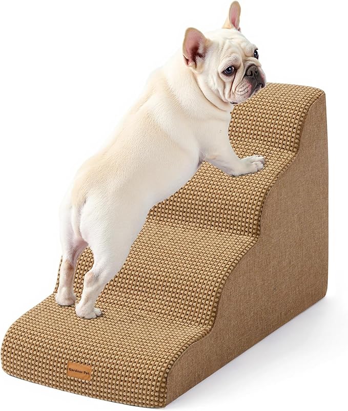 Gardner Pet Dog Stairs for Small Dogs 19.7" H, 4-Step Brown Curved Pet Stairs, Dog Steps for High Bed (18-24 in), Couch with Durable Non-Slip Waterproof Fabric Cover and CertiPUR-US Certified Foam
