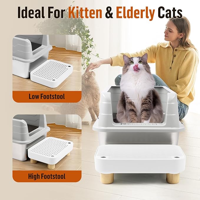Cat Litter Box Step Ramp, Cat Litter Catcher Mat with Wooden Feet, Filter Function, Cat Pedal Stool for Self-Cleaning Cat Litter Box, Ideal for Kitten & Elderly Cats (White)