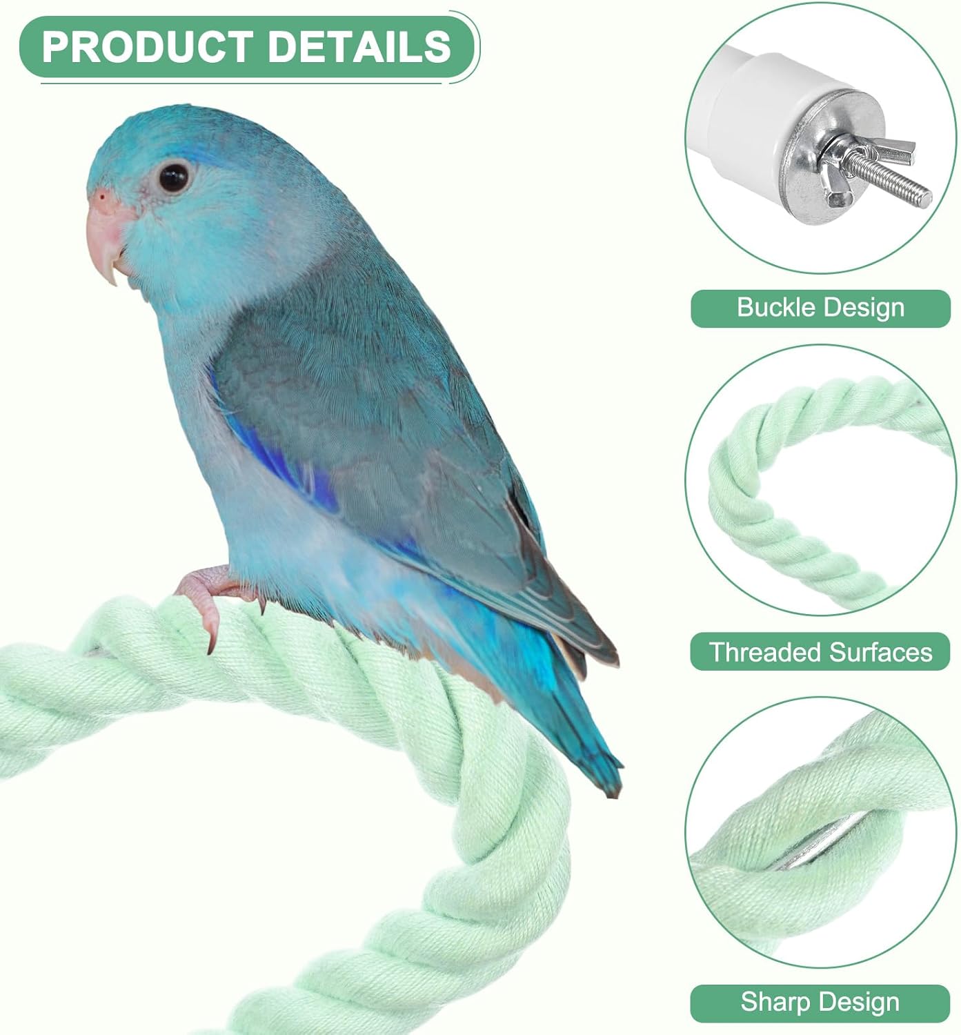 2-Pack Rope Perches for Bird Cages, 23.6 in Length Comfort Grip Flexible Rope Perch Beak & Paw Grinding for Parrots/Cockatiels/Parakeets, Bird Platform Sand [Cyan]