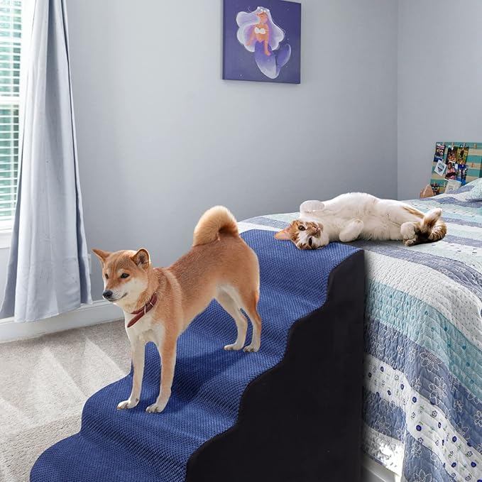Dog Steps&Stairs for High Beds 24.4 inches High Up to 24-28 inches Bed, Tall Extra Wide Pet Stairs/Steps for High Bedsides,Non-Slip Dog Ramps for Small Older Dogs/Cats(Blue)