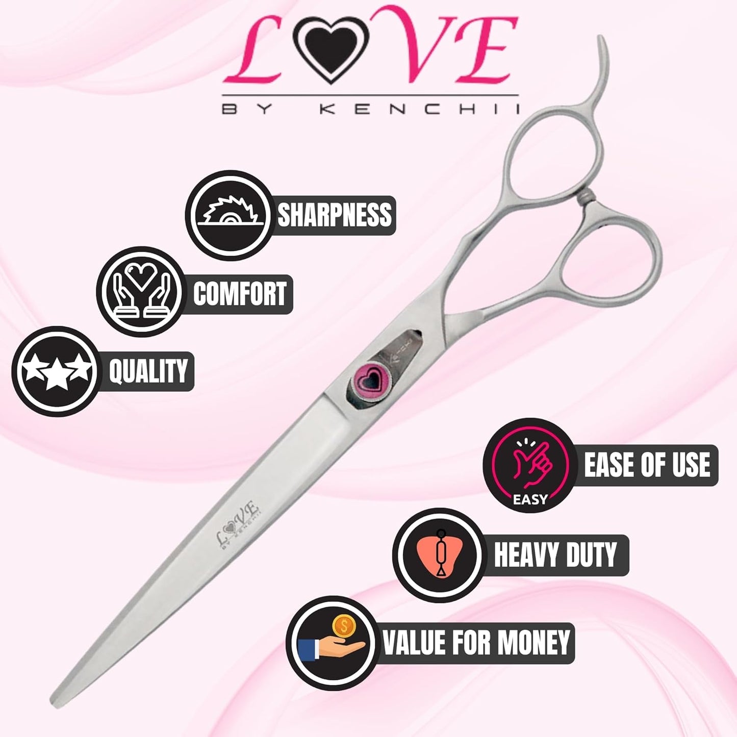 Kenchii Love Dog Grooming Scissors, 8 Inch Straight Shears, Dog Scissors for Grooming, Professional Pet Grooming Scissors, Heavy Duty, Durable and Sharp