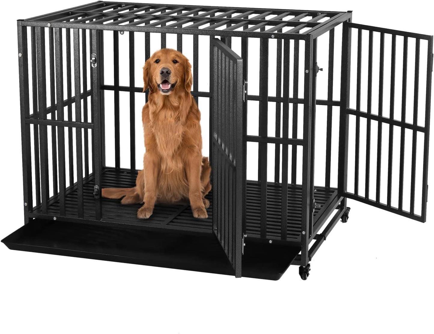 LUCKUP Heavy Duty Dog Crate-42 inch Large Metal Dog Cage with 2 Doors and 4 Wheels, Stackable Dog Kennel for Large & Medium Dogs, Removable Tray