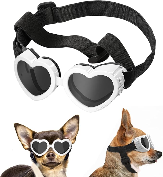 Small Dog Sunglasses UV Protection Goggles Eye Wear Protection with Adjustable Strap Doggy Heart Shape Anti-Fog Sunglasses for Pet Dogs Sun Glasses Doggie Windproof Glasses, White