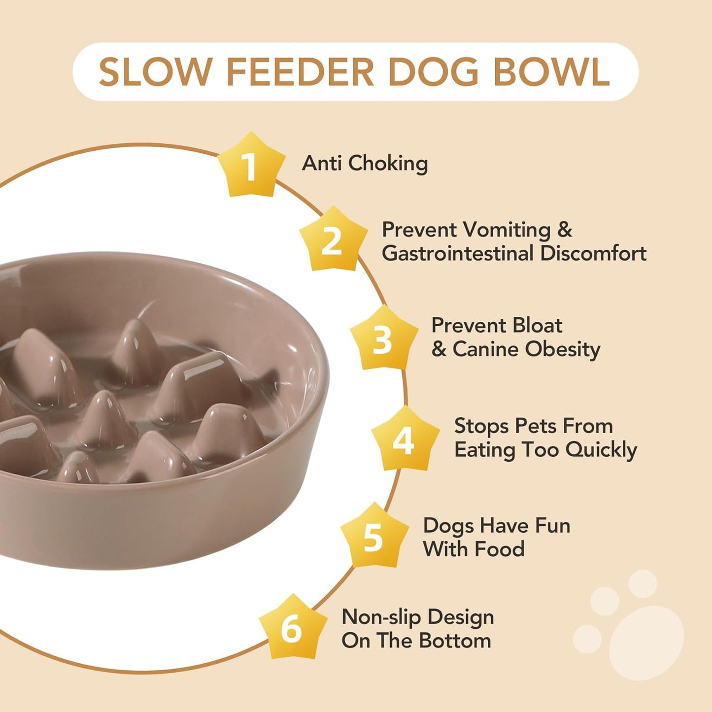 7.3inch Ceramic Dog Raised Slow Feeder Set, Elevated Bowl with Wooden Stand for Medium and Small Dog, Slow Feeder Dish for Fast Easters(Brown Coffee, Single Bowl+ Stand)