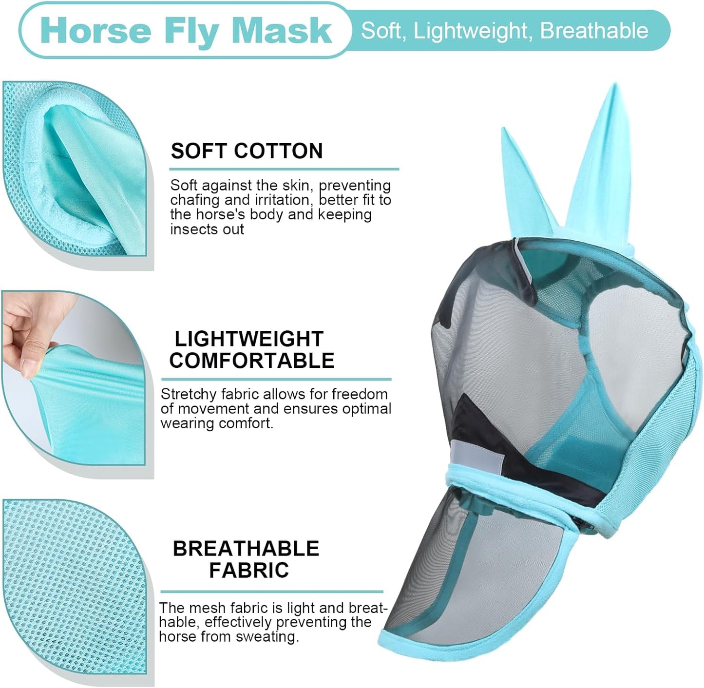 Luminous Horse Fly Mask with Long Nose, Ears, Full Face & Eye Protection - Full Mesh, Detachable Nose Cover, Fleece Padded Edging, Hook-and-Loop Straps with Webbing, Hanging Straps Mint Green