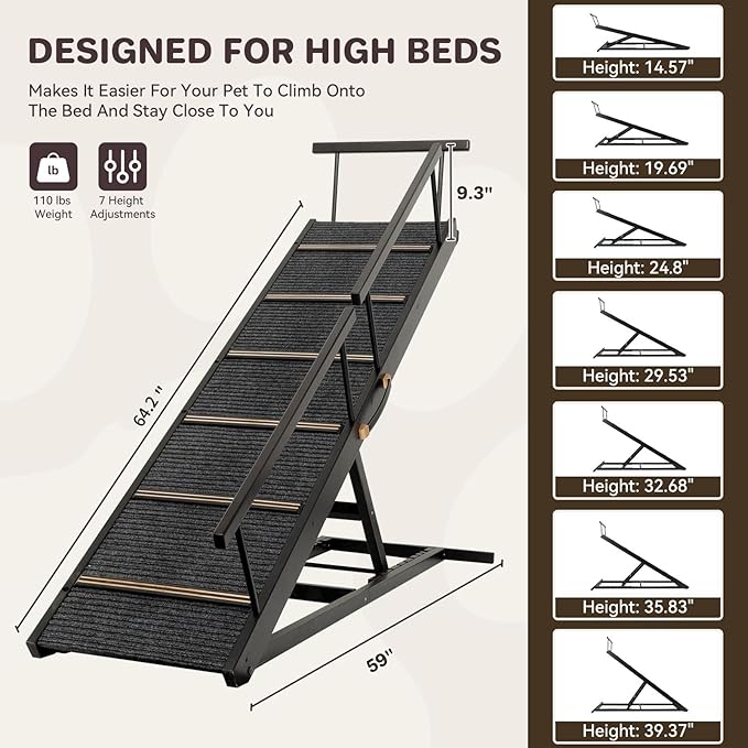 Pet Ramp Folding Portable Wooden Dog & Cat Ramps for Couch or Bed, Including Non Slip Mat & Safety Side Rails, 64.2 Inch Long and Height Adjustable from 13.4 Inch to 38 Inch Up to 110 Lbs