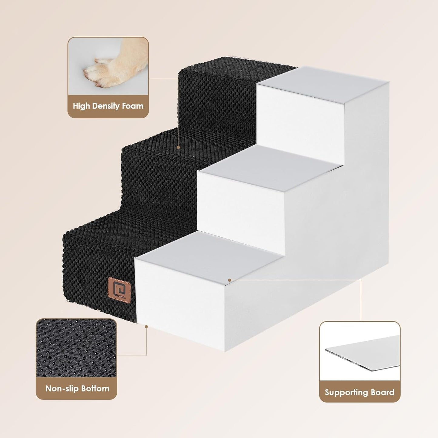 EHEYCIGA Dog Stairs for Small Dogs 13.5" H, 3-Step Dog Steps for Couch Sofa and Chair, Pet Steps for Medium Cats, Non-Slip Balanced Pet Ramp Indoor, Black