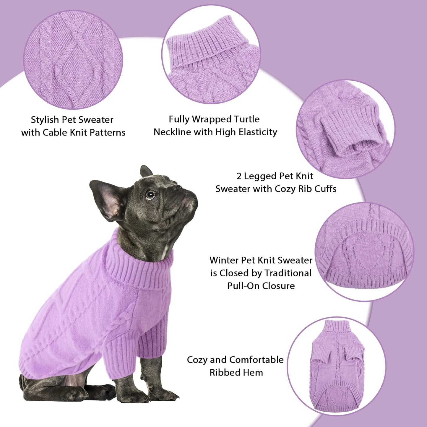 Queenmore Small Dog Pullover Sweater, Cold Weather Cable Knitwear, Classic Turtleneck Thick Warm Clothes for Chihuahua, Bulldog, Dachshund, Pug (Lilac, X-Small)