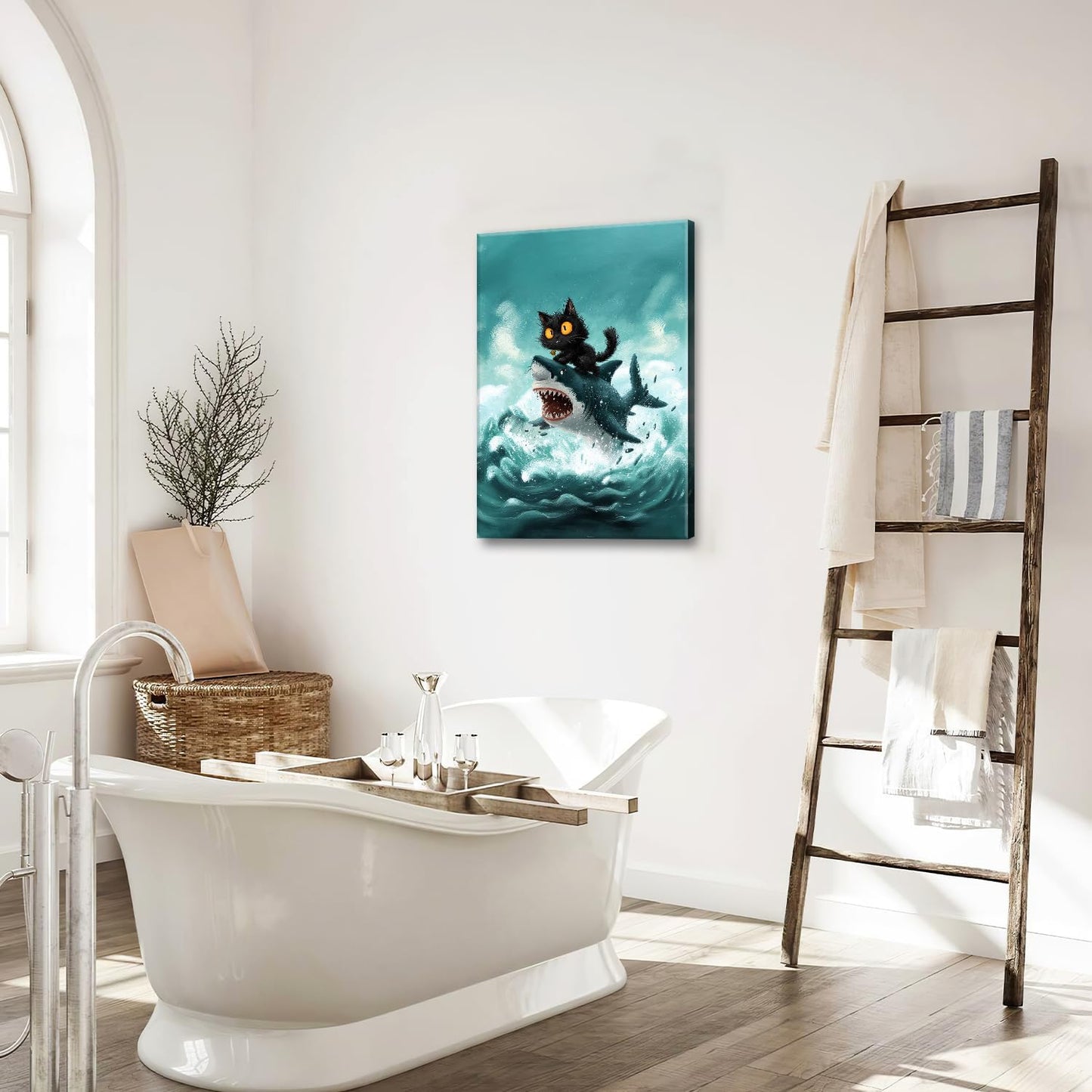 Funny Black Cat Bathroom Wall Art Cute Cat Riding Shark Canvas Wall Decor Animal Kitten Pictures Painting Print Artwork Framed Decorations Gifts for Cat Lover Kids Room Bedroom 16"x24"