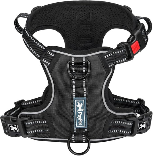 PoyPet No Pull Dog Harness, No Choke Front Clip Reflective Dog Vest with Soft Padded Vertical Handle, 3 Leash Attachments for Small Medium Large Dogs (Black,XL)