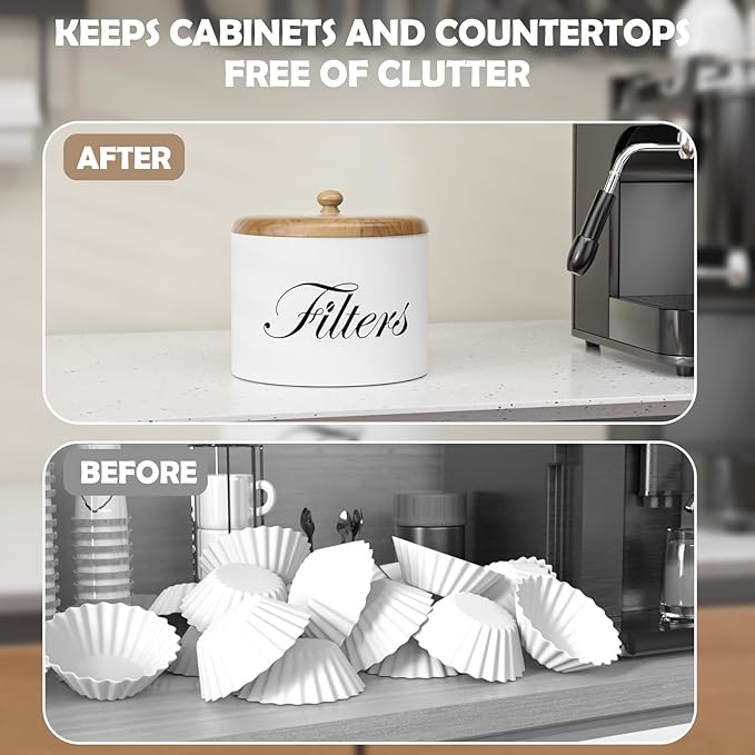 Coffee Filter Holder, Wooden Coffee Filter Storage with Lid, Round CoffeeFilterContainer for Counter, Rustic Farmhouse Bar Accessories Decor (White)