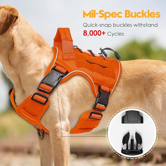 Heavy-Duty Tactical Dog Harness for Large Dogs, No Pull Adjustable Reflective Pet Vest with Molle System, K9 Military-Grade Control for Service Training, Outdoor & 10+ Breeds, Orange, Large