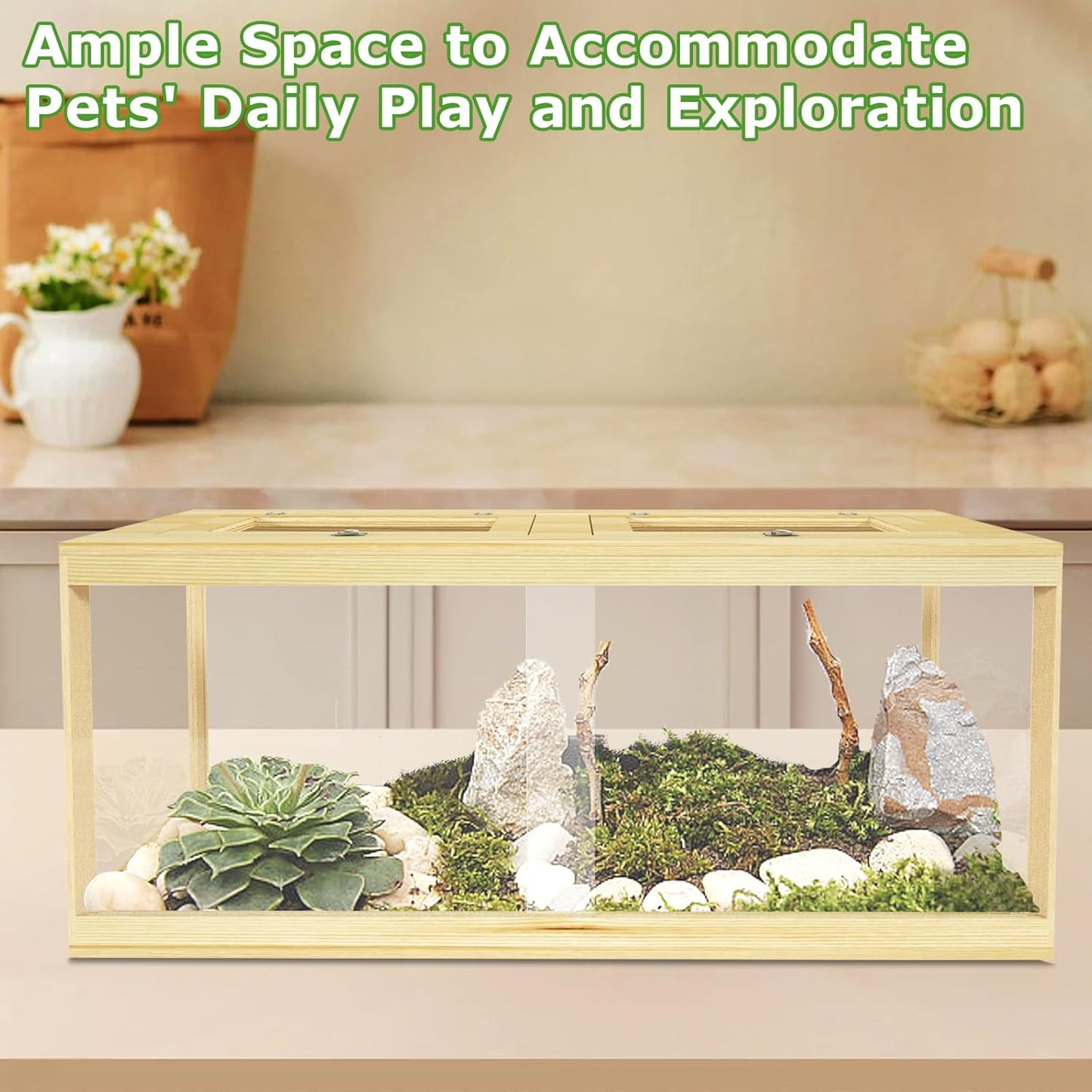 80 Gallon Reptile Tank - 48" Lockable Sliding Door Bearded Dragon & Snake Tank with Metal Mesh Roof, Front Opening Terrarium for Lizards, Leopard Gecko (Wood, 48" x 20" x 20")