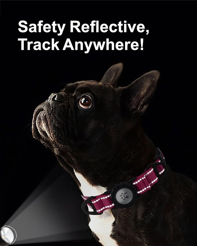 TagME Airtag Dog Collar,Waterproof Reflective Pet Collar with Airtag Holder,Soft Padded and Double D-Rings for Puppy,Hot Pink
