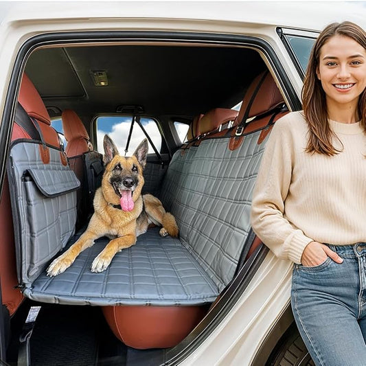 APetsPlanet Dog Car Seat Cover for Back Seat Hard Bottom - Waterproof Backseat Extender for Dogs - Pet Hammock Bed for Car, Truck, SUV with Mesh Window & Storage - Gray Leather, with Door Covers