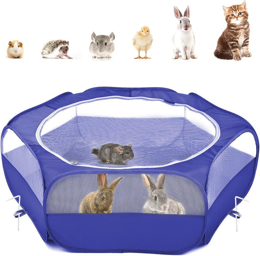 Pawaboo Small Animals Playpen, Waterproof Small Pet Cage Tent with Zippered Cover, Portable Outdoor Yard Fence with 3 Metal Rod for Chick/Kitten/Puppy/Guinea Pig/Rabbits/Hamster/Chinchillas,Indigo