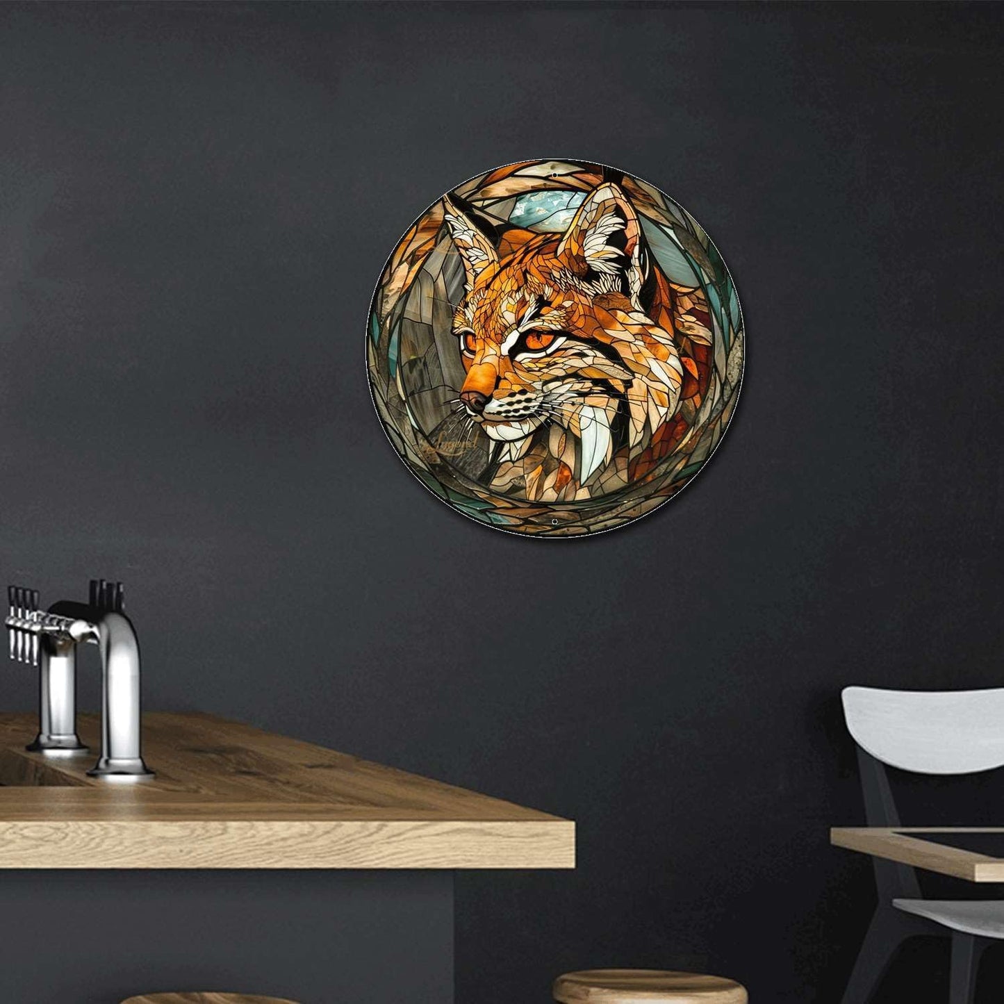 Lygond Metal Sign Tin Sign Circular Stained Glass Bobcat Funny Gardening Gift for Pet 12×12 Inches