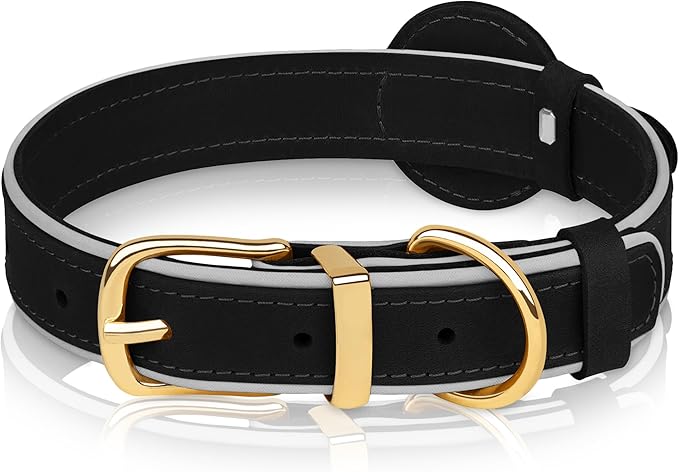 OOPSDOGGY Reflective Geniune Leather Airtag Dog Collar Soft Padded Collars for Small Medium Large Breed Dogs Puppy, 4 Sizes, 7 Colors (Black, Small, 9"-12")
