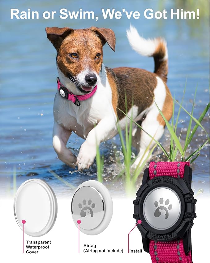 TagME Airtag Dog Collar,Waterproof Reflective Pet Collar with Airtag Holder,Soft Padded and Double D-Rings for Medium Dogs,Hot Pink