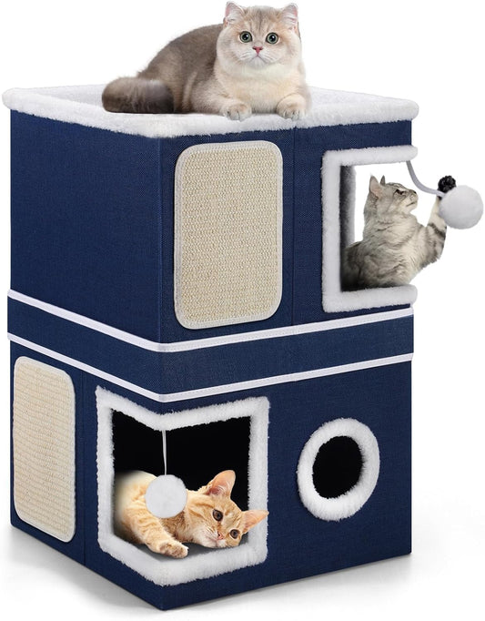 2-Storey Cat House for Indoor Cats, Large Double Cat Bed Cave with Hideaway Condos, Scratch Pads, Hanging Balls, Foldable Indoor Cat House Hold Up to 30LBS, Cat Cube for Multiple Cats Kitten, Blue