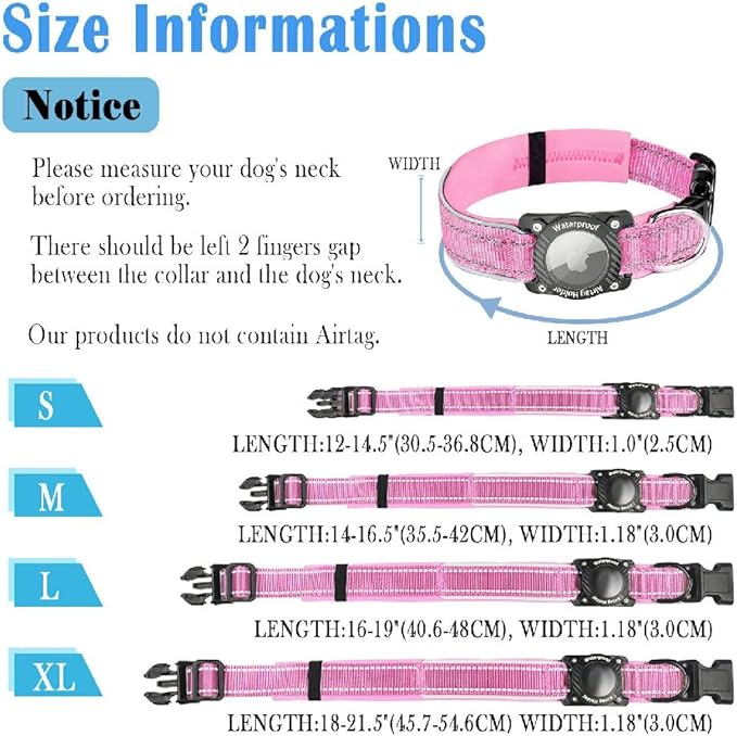 Upgraded AirTag Dog Collar, IP68 Waterproof Dog Collar with Apple Air Tag Holder, Reflective Adjustable Heavy Duty Dog Collars with Soft Padded for Small, Medium and Large Dogs,Pink, S