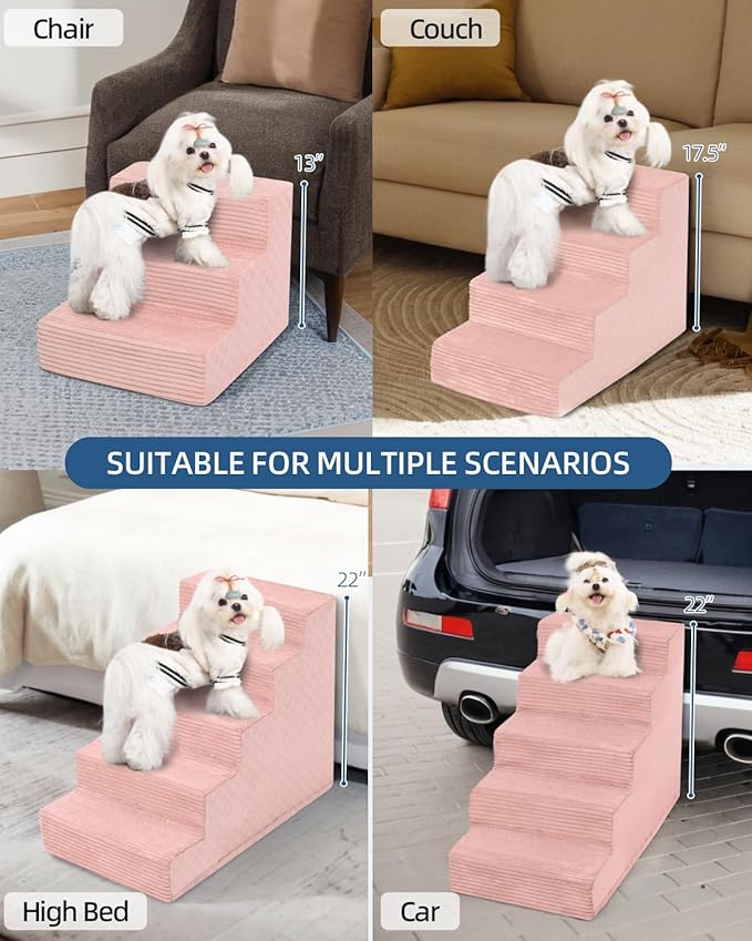 Dog Stairs for Small Dogs,13" H,3-Step Dog Steps Ramp for Bed and Couch with High Density Foam,Non-Slip Pet Steps for Doggy and Cat,Pet Stairs with a Washable Cover,Pink