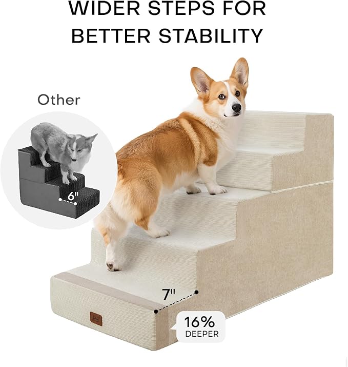Dog Stairs for High Bed, Dog Steps for Bed Couch Sofa, 35D Foam Extra Wide Pet Steps for Small Dogs and Cats, Pet Stairs with Non-Slip Bottom Beige, 5 Steps