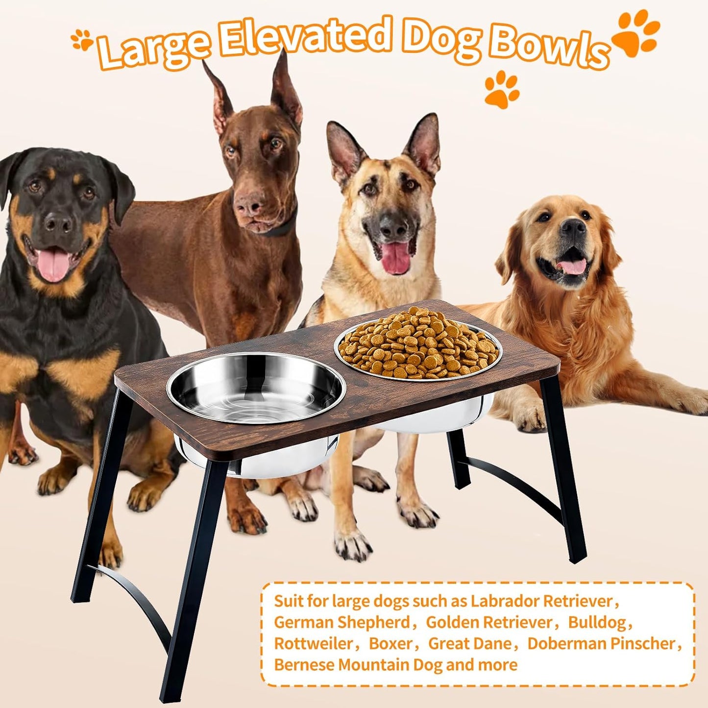 Elevated Dog Bowls for Medium and Large Dogs Wood Raised Bowl Stand with Two 1700ML (58oz) Stainless Steel Dog Food and Water Bowls,Non-Slip