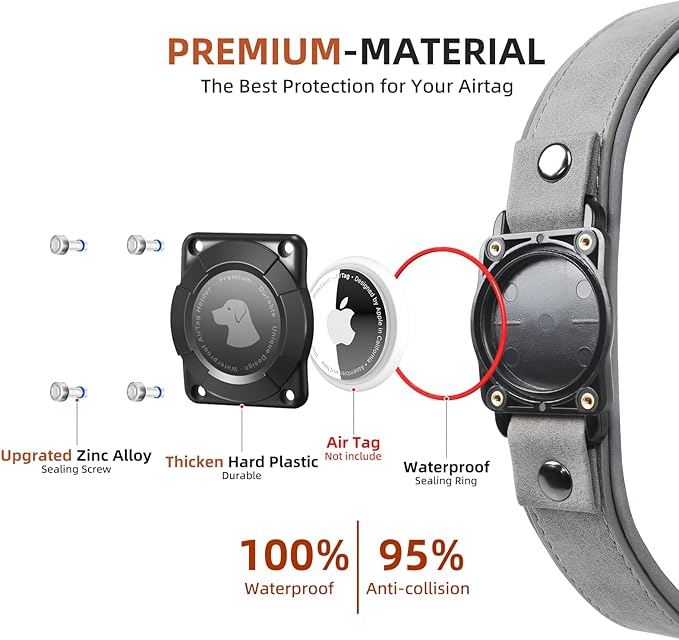 AirTag Dog Collar - Leather Dog Collar with Air Tag Holder | IPX8 Waterproof, Reflective, High - End, Adjustable Soft Padded | Dog GPS Tracker Collars Fit for Medium Large Dogs (Grey, M)