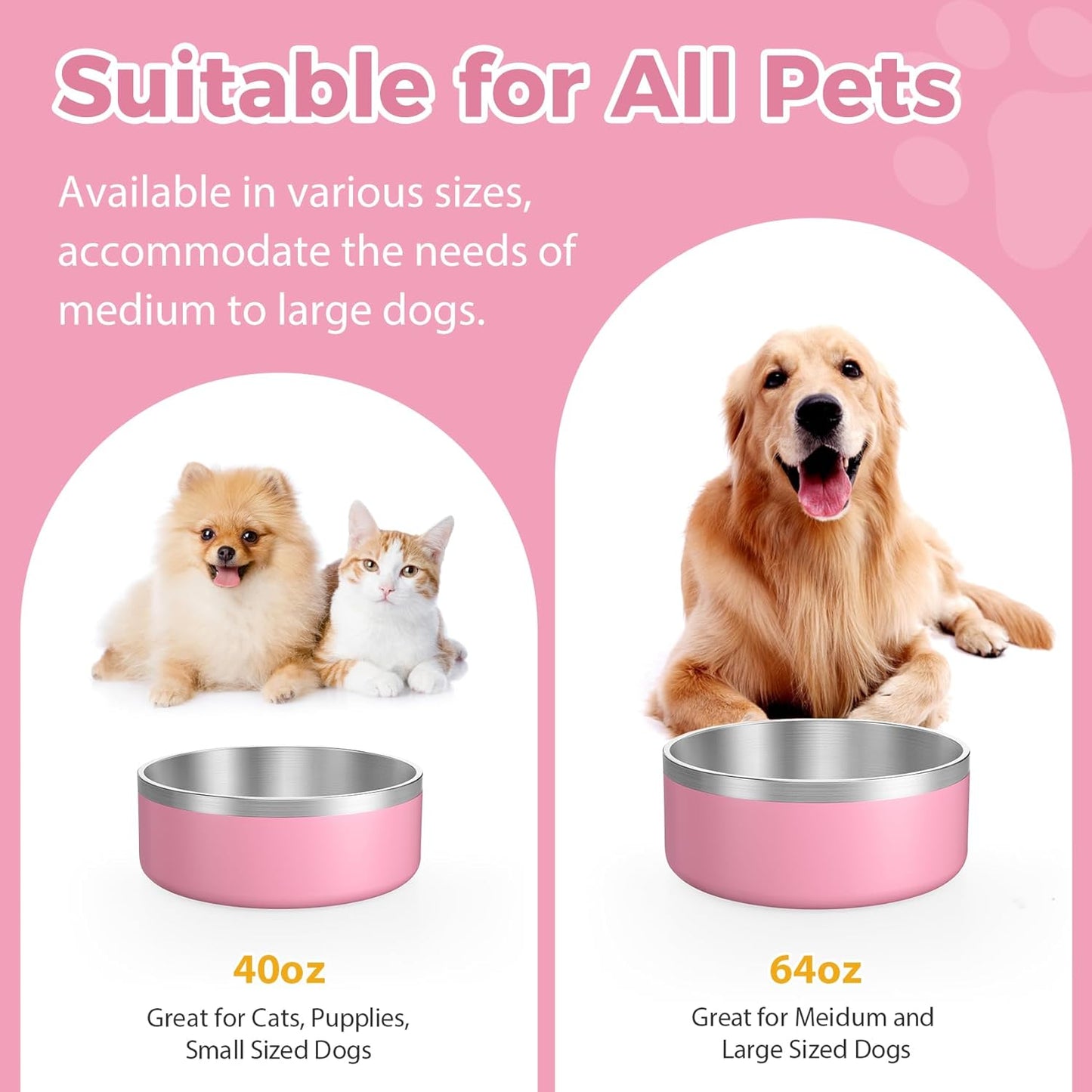 LIANLAI Dog Bowls, Rust-Resistant Stainless Steel Dog Bowls, Non-Slip Double-Walled Pet Dishes, Dishwasher Safe (Pink，40 oz)