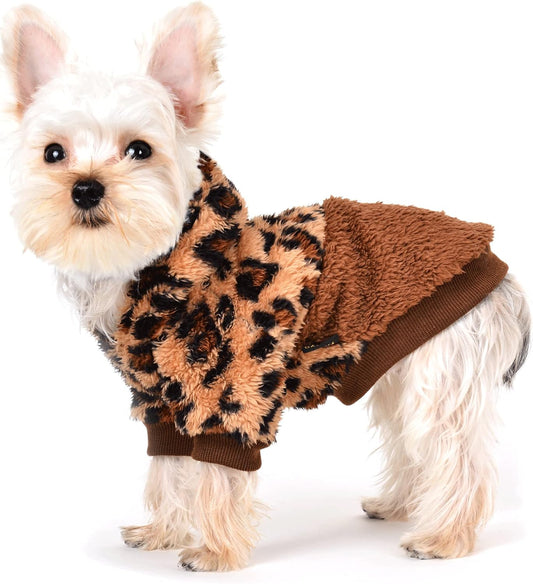 Yikeyo Leopard Dog Clothes Lightweight Fluffy Puppy Hoodie Pet Sweatshirt Doggie Hooded Outfits Cat Apparel (Large, Leopard)