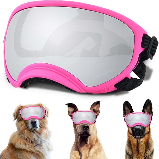 Large Dog Sunglasses with Adjustable Strap UV Protection, Winproof Puppy Sunglasses, Suitable for Medium-Large Pet Glasses, Dogs Eyes Soft Goggles, PinkSilver, (YD-23032706)