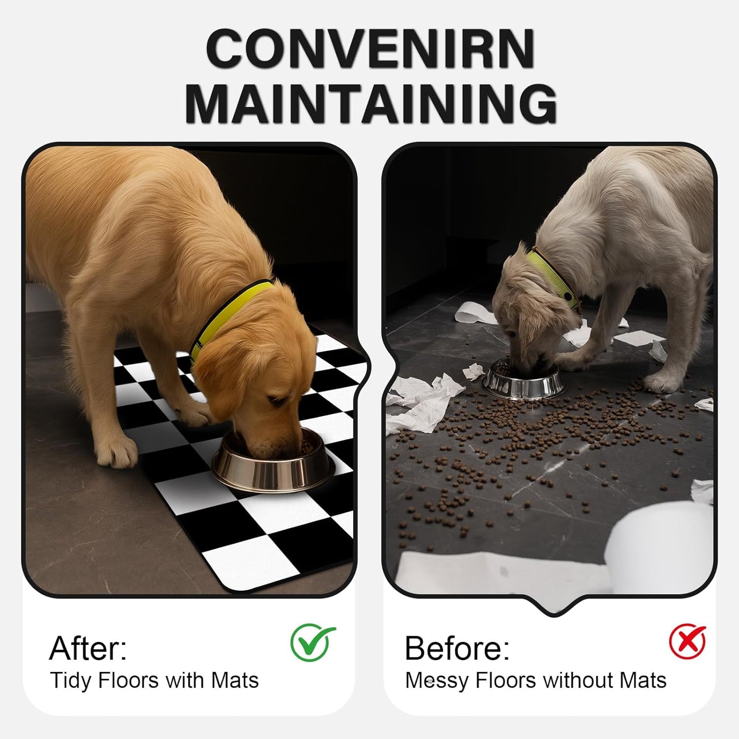 Pet Feeding Mat, 16"x 24" Absorbent Dog Food Mat, Checkered Cat Bowl Mats, Easy to Clean Pet Placemats, Quick Dry Dog Water Dispenser Mats for Messy Drinkers, Black & White