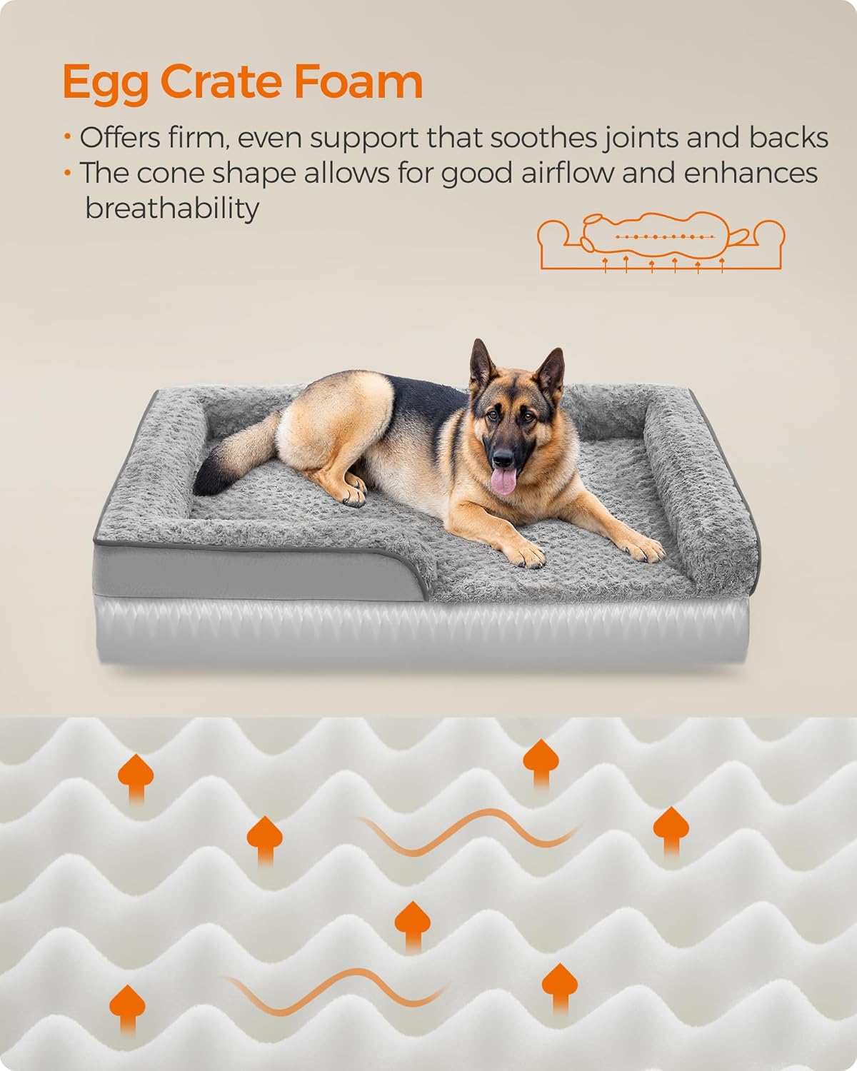 Feandrea Orthopaedic Dog Bed for Large Dogs, Waterproof Dog Sofa Bed with Removable Washable Cover, 48 x 35 x 7 Inches, Dove Gray UPGW254G01